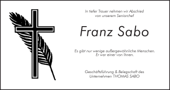 Traueranzeige von Franz Sabo von Der Bote