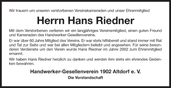 Traueranzeige von Hans Riedner von Der Bote