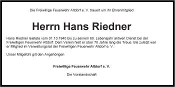 Traueranzeige von Hans Riedner von Der Bote