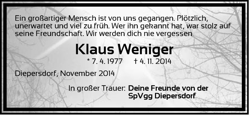  Traueranzeige für Klaus Weniger vom 08.11.2014 aus Der Bote