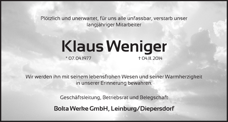  Traueranzeige für Klaus Weniger vom 08.11.2014 aus Der Bote