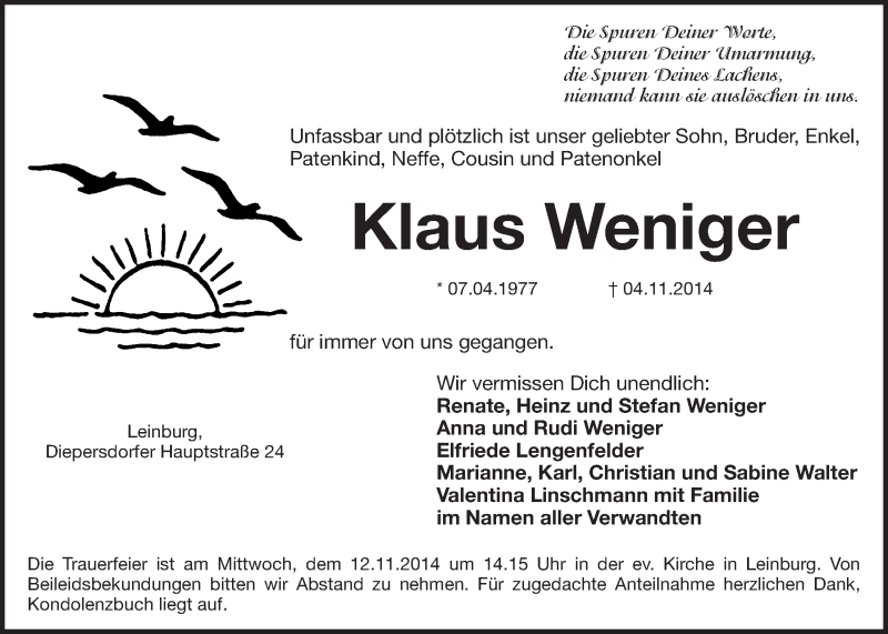  Traueranzeige für Klaus Weniger vom 08.11.2014 aus Der Bote