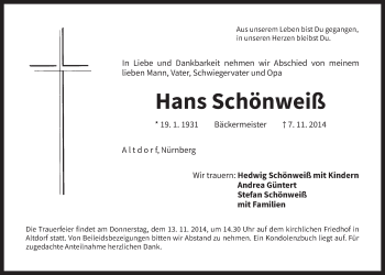 Traueranzeige von Hans Schönweiß von Der Bote