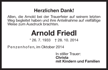 Traueranzeige von Arnold Friedl von Der Bote