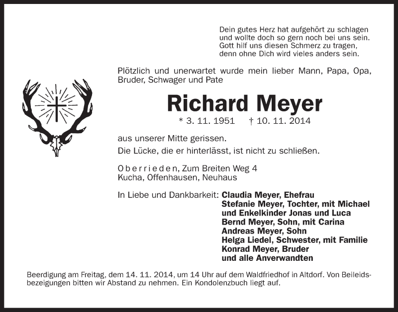  Traueranzeige für Richard Meyer vom 13.11.2014 aus Der Bote