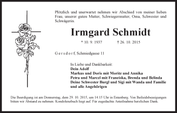 Traueranzeige von Irmgard Schmidt von Der Bote