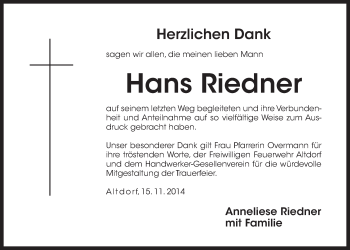 Traueranzeige von Hans Riedner von Der Bote