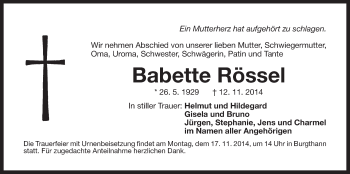 Traueranzeige von Babette Rössel von Der Bote