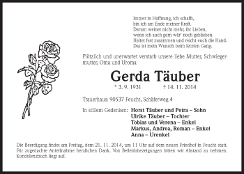 Traueranzeige von Gerda Täuber von Der Bote