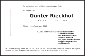 Traueranzeige von Günter Rieckhof von Der Bote