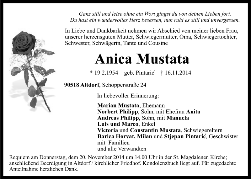  Traueranzeige für Anica Mustata vom 18.11.2014 aus Der Bote