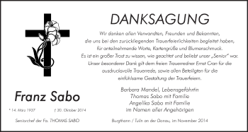 Traueranzeige von Franz Sabo von Der Bote