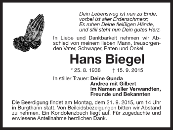 Traueranzeige von Hans Biegel von Der Bote