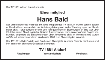 Traueranzeige von Hans Bald von Der Bote