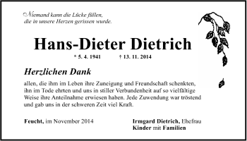 Traueranzeige von Hans-Dieter Dietrich von Der Bote