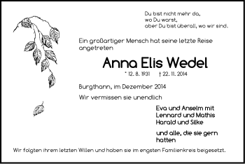 Traueranzeige von Anna Eis Wedel von Der Bote