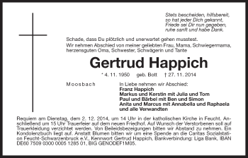 Traueranzeige von Gertrud Happich von Der Bote