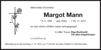 Traueranzeige von Margot Mann von Der Bote