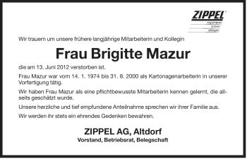Traueranzeige von Brigitte Mazur von Der Bote