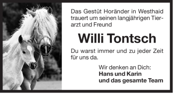 Traueranzeige von Willi Tontsch von Der Bote