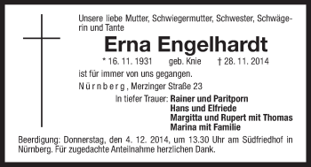 Traueranzeige von Erna Engelhardt von Der Bote