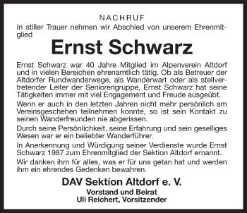 Traueranzeige von Ernst Schwarz von Der Bote