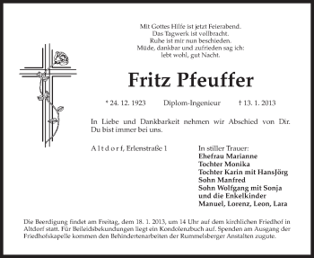 Traueranzeige von Fritz Pfeuffer von Der Bote