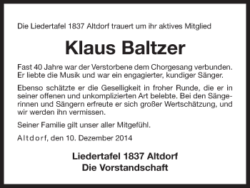 Traueranzeige von Klaus Baltzer von Der Bote