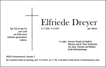 Traueranzeige von Elfriede Dreyer von Der Bote