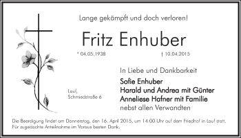 Traueranzeige von Fritz Enhuber von Pegnitz-Zeitung