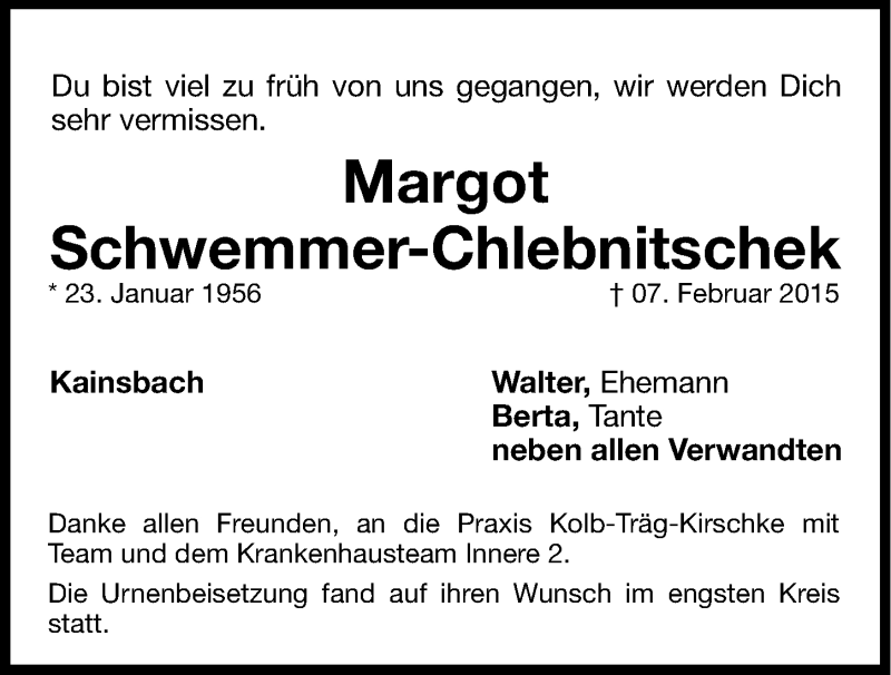  Traueranzeige für Margot Schwemmer-Chlebnitschek vom 05.03.2015 aus Hersbrucker Zeitung