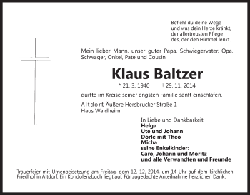 Traueranzeige von Klaus Baltzer von Der Bote
