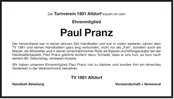 Traueranzeige von Paul Pranz von Der Bote