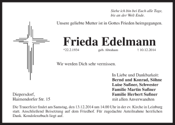 Traueranzeige von Frieda Edelmann von Der Bote