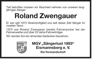 Traueranzeige von Roland Zwengauer von Der Bote