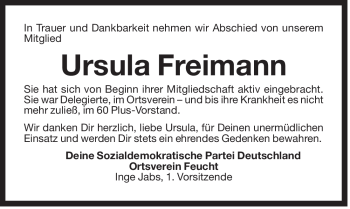 Traueranzeige von Ursula Freimann von Der Bote