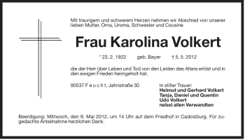 Traueranzeige von Karolina Volkert von Der Bote