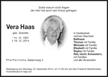 Traueranzeige von Vera Haas von Der Bote