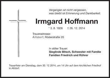 Traueranzeige von Irmgard Hoffmann von Der Bote