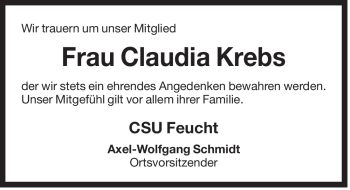 Traueranzeige von Claudia Krebs von Der Bote