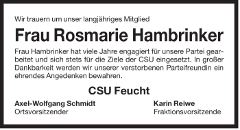 Traueranzeige von Rosmarie Hambrinker von Der Bote