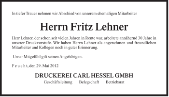 Traueranzeige von Fritz Lehner von Der Bote