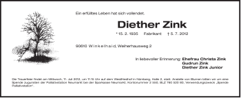 Traueranzeige von Diether Zink von Der Bote