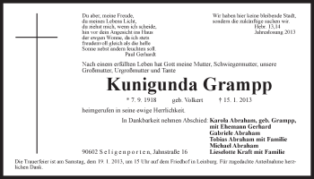 Traueranzeige von Kunigunda Grampp von Der Bote