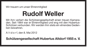 Traueranzeige von Rudolf Weller von Der Bote