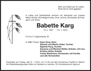 Traueranzeige von Babette Karg von Der Bote
