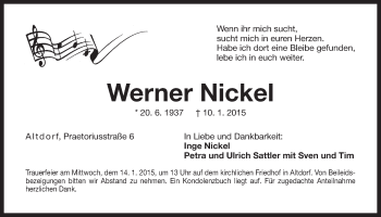 Traueranzeige von Werner Nickel von Der Bote