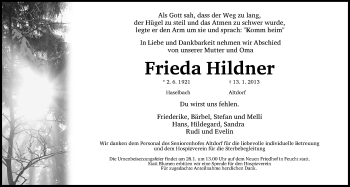 Traueranzeige von Frieda Hildner von Der Bote