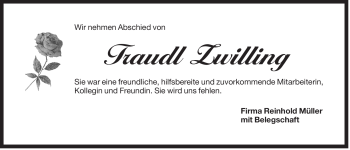 Traueranzeige von Traudl Zwilling von Der Bote