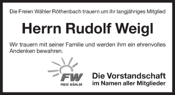 Traueranzeige von Rudolf Weigl von Pegnitz-Zeitung